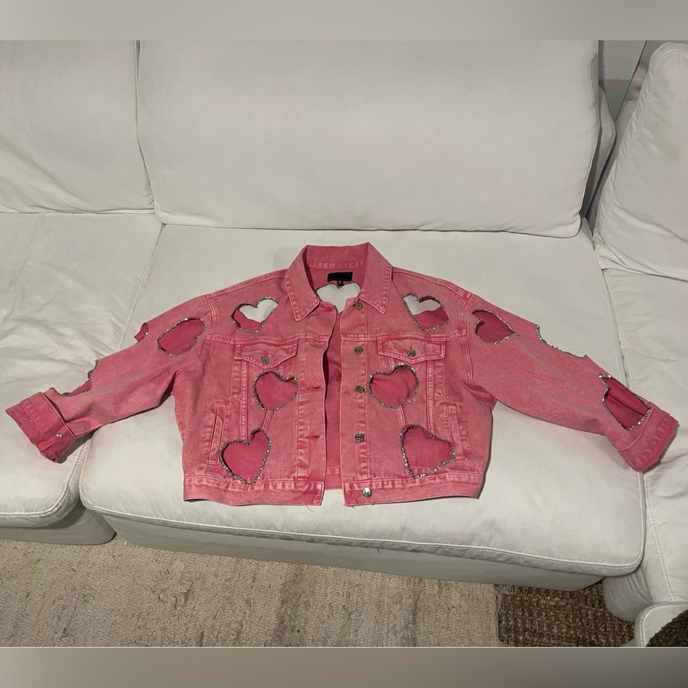 HANDMADE Pink Denim Rhinestone Jacket - Picture 2 of 3